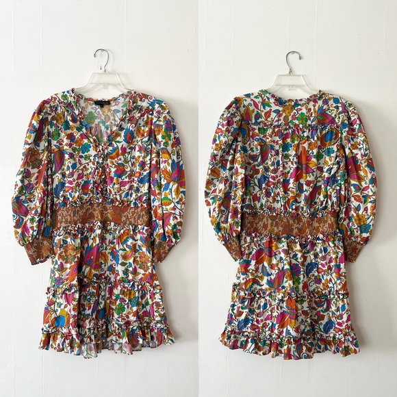 House Of Harlow V-neck Puff Sleeve Smocked Tiered Colorful Ruffle Paisley Floral - Picture 1 of 8